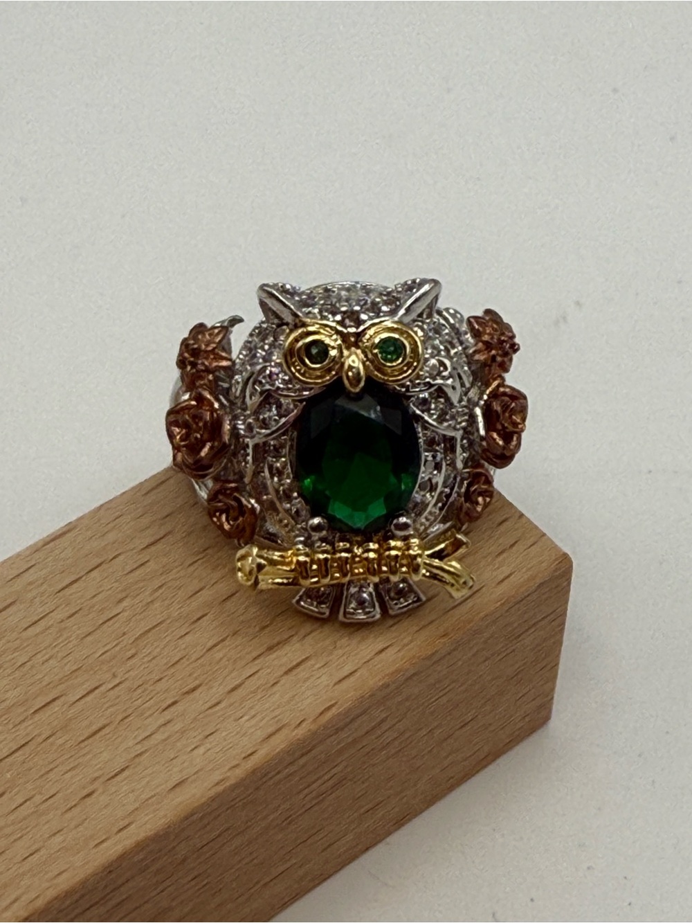 Owl Statement Ring | Green Gemstone Crystal Rhinestone Silver Rose Gold Size 9